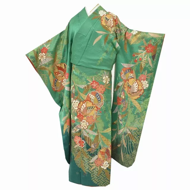 Japanese Silk Kimono Vintage Furisode Flower Butterfly Classic Pattern Green 67"