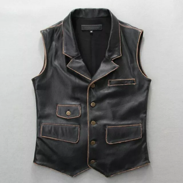 Men's Real Leather motorcycle Vest Black Distressed Leather Biker Vest