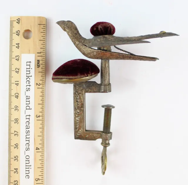 Antique Embossed Victorian Bird Double Pin Cushion With Clamps Pat. 1853 Sewing