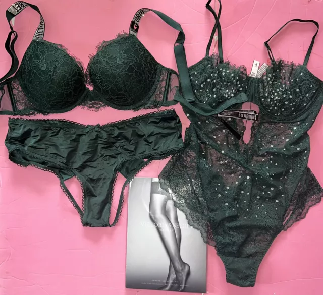 Victoria's Secret 36B BOMBSHELL BRA SET+GARTER TEDDY EMERALD GREEN shine  strap