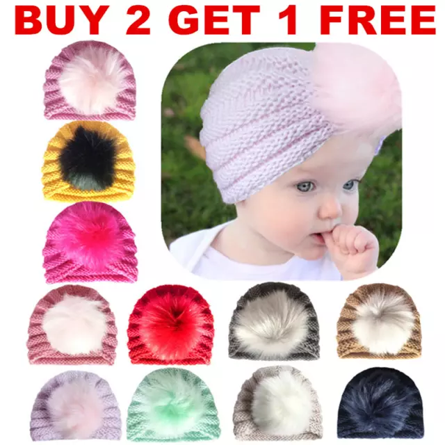 Baby Beanie Hat Pom Pom Bobble Double Knitted Winter Warm Boy Girl Newborn-24 M