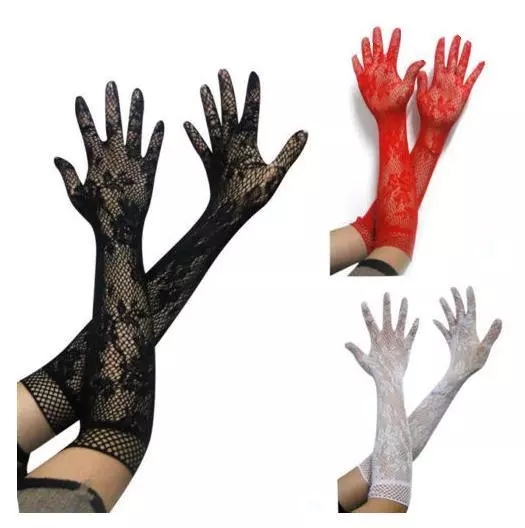 Gants Long Mitaines Dentelle Résille Floral Mariage Noir Blanche Rouge Halloween