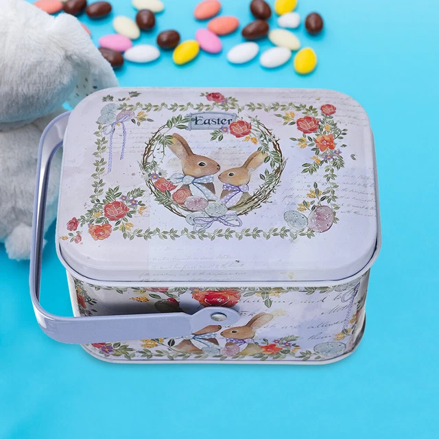 Rabbit Printed Tinplate Gift Box Creative Hand-Held Biscuit Box for Easter (B) F