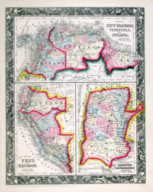 1860 Peru Ecuador Venezuela Argentina, Mitchell Antique Hand-Colored Map