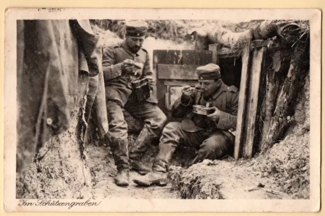 cpa soldats allemands à la soupe dans tranchée guerre 14-18