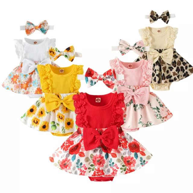 2PCS Newborn Kids Baby Girl Outfits Clothes Romper Bodysuit Dress Headband Set