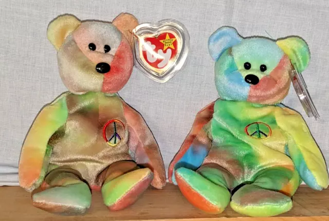 9 Inch Ty Beanie Babies - Two Peace Bears (1996).  Pristine Condition.