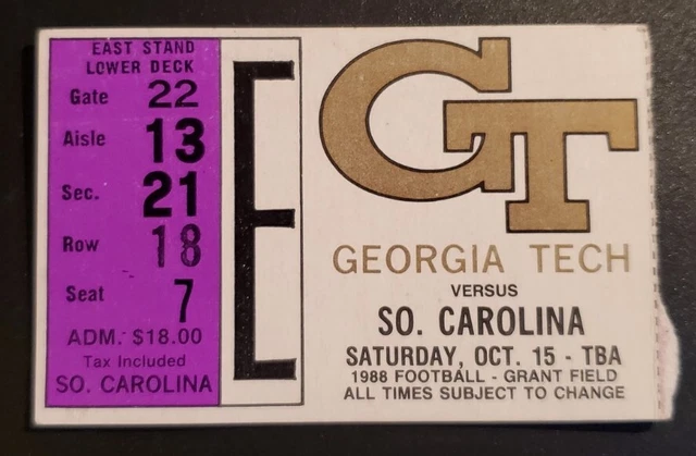 Georgia Tech South Carolina Football Ticket Stub 10/15 1988 Andre Thomas Int. TD