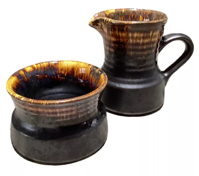 1970s Titian Ware Brown Drip Glaze Milk Jug & Sugar Bowl New Zealand Pottery Set