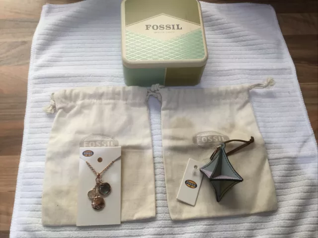 Fossil Necklace Rose Gold Chain &  Crystal Charms + Handbag Charm. Unused. VGC