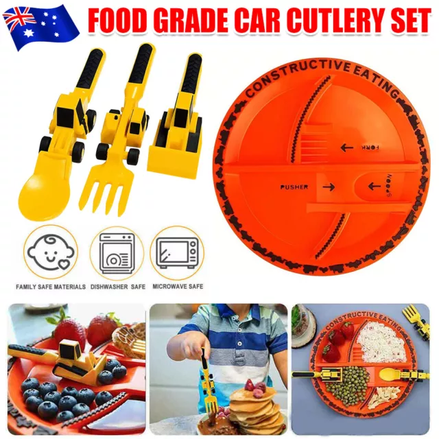 Kids Cutlery Set Construction Toy Utensil Fork Spoon Plate Eating Tableware Set