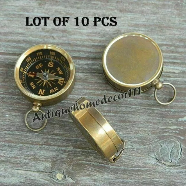 Lot of 10 PCs Antique Brass Open Face Compass Key Ring Collectible Keychain Gift
