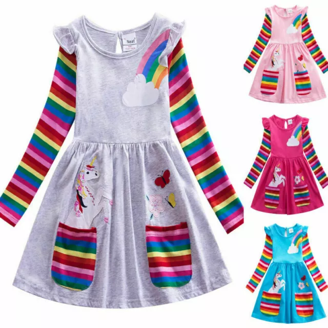 Kids Baby Girls Unicorn Swing Dress Long Sleeve A-Line Rainbow Princess Dresses