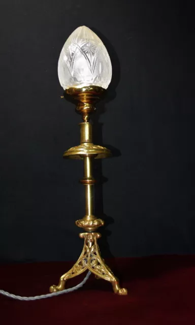 French ORFÈVRE Church Altar brass lamp Stamped early 1900s. hand-cut glass shade