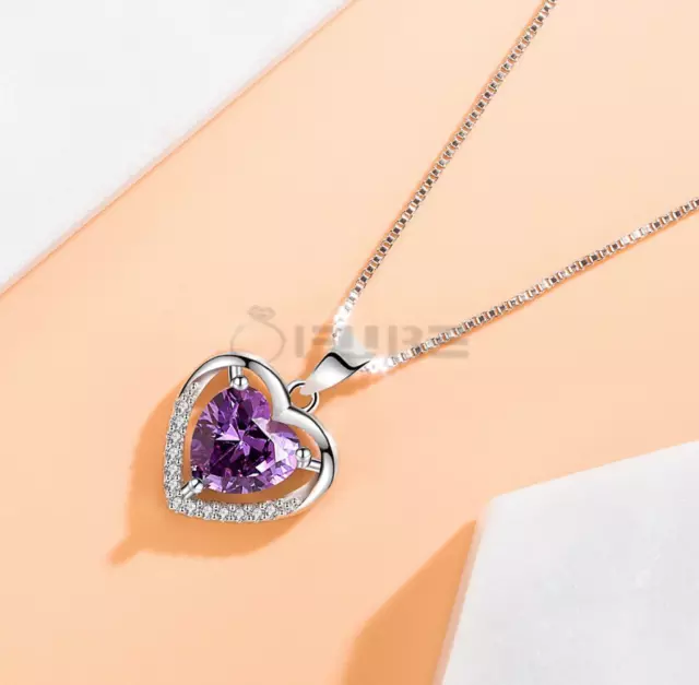 Womens Heart Birthstone Chain Sterling Silver Crystal Outline Pendant Necklace