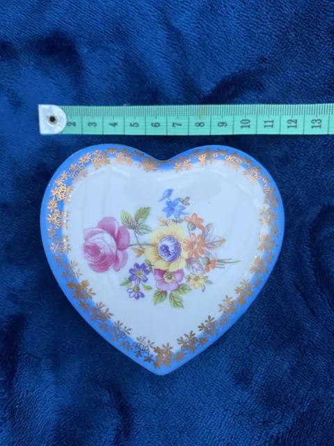 Vintage Dresden China Trinket Dish Heart Shaped Floral Blue Gold Edged