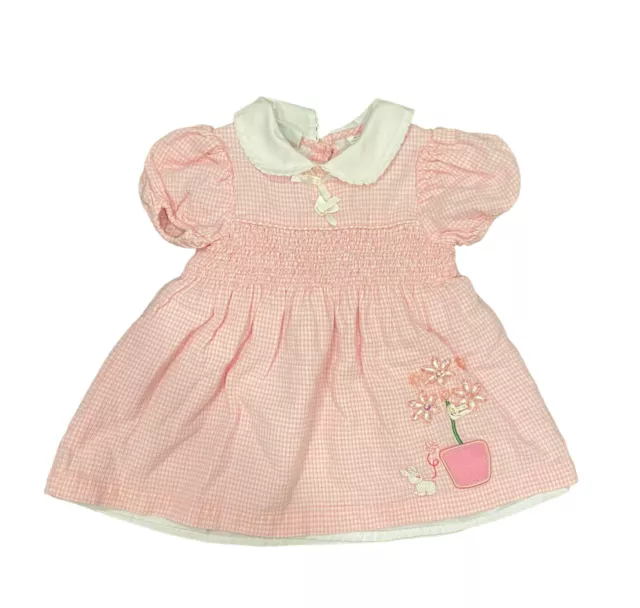 Vintage Baby Togs Pink Gingham Smocked Dress Size 6-9 Month Spring Embroidered