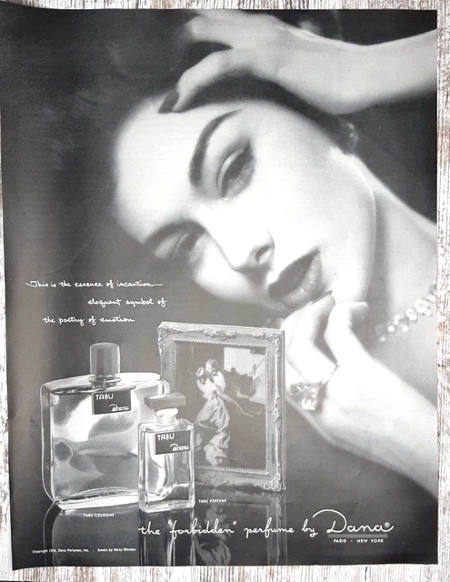 1954 Tabu Perfume Vintage Print Ad Dana Fragrance Woman Photo Couple Dancing B&W