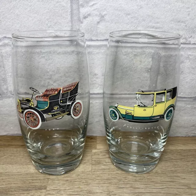 2 X Vintage Car Glass Tumbler Ford And Rolls Royce Pair Of Highball Glasses