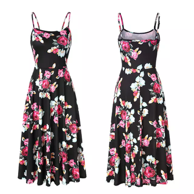 Women's Black Floral Spaghetti Strap Midi Dress