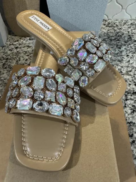 Steve Madden Malina Nude Rhinestone Jeweled Slides Sandals Shoes Womens Size 8