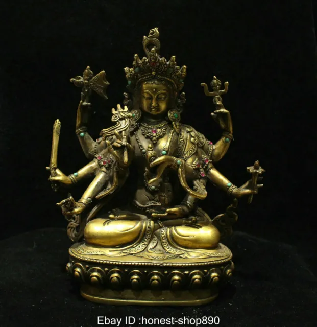 22 cm Old Chinese Tibet Buddhism Bronze Gilt Seat 8 Arms Boddhisattva Statue