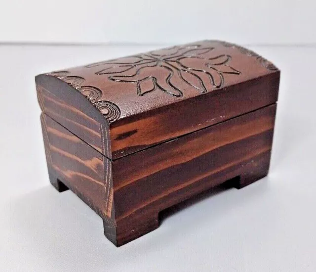Vintage Wooden Hand Carved Flowers Jewelry Hinged Trinket Box Made in Poland