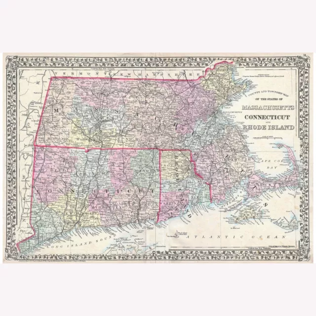 Massachusetts, Connecticut and Rhode Island; 1873 Mitchell Map