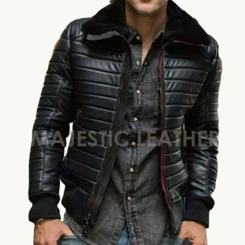 Men's Double Black Puffer Luxury Winter Real Leather Biker Racer Jacket