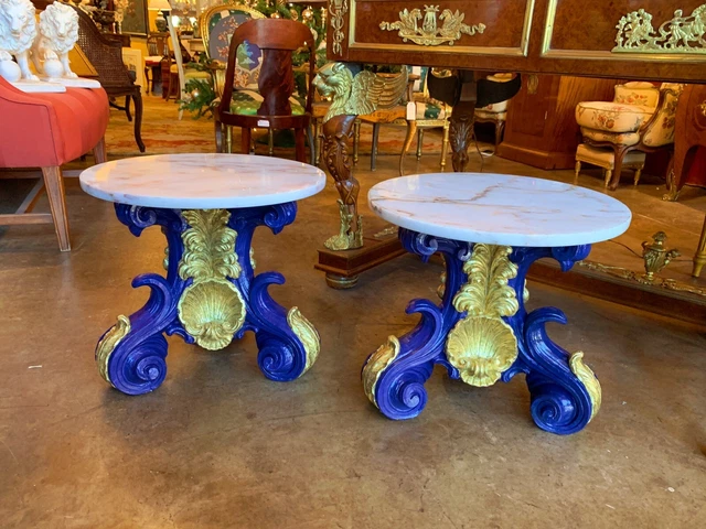 Pair of Hand Painted parcel gilt Portuguese Pedestals with Marble top