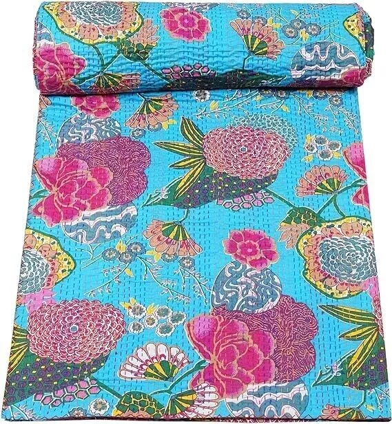 Edredón Kantha con estampado de frutas de algodón puro cosido hecho a mano...