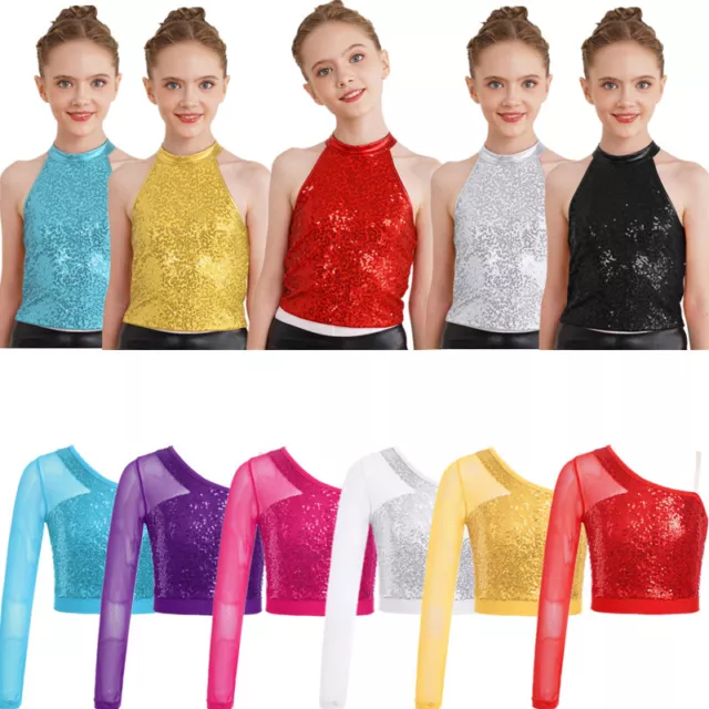 Kid Girls Shiny Sequins Crop Top Modern Jazz Hip Hop Dance Performance Tank Vest