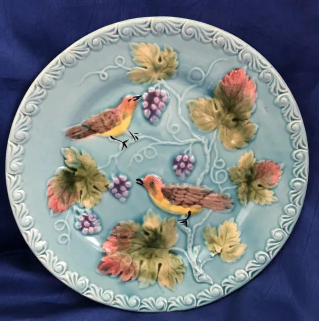 G.S.Zell Germany Majolica Bird Grapes Pattern Plate Aqua Turquoise Vibrant Antq