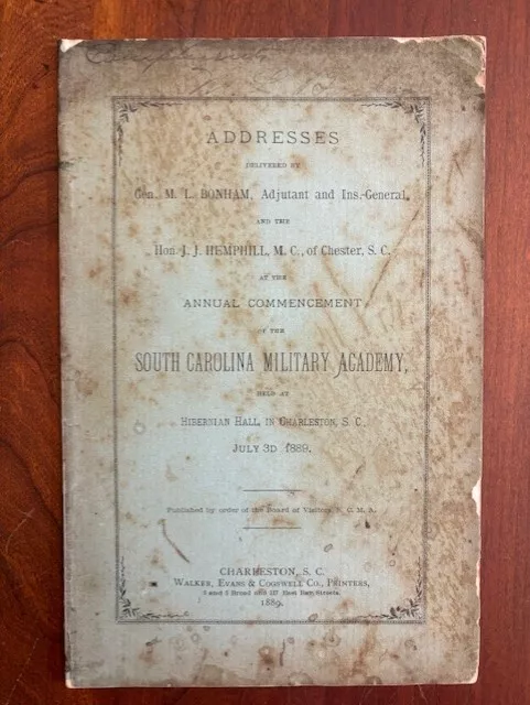 1889 South Carolina Military Academy Commencement Address Citadel, Charleston SC
