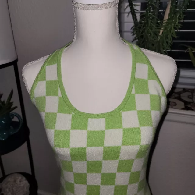 JUST POLLY NY Large JR Bodycon Lime Green & White Check Sweater Halter Dress NWT