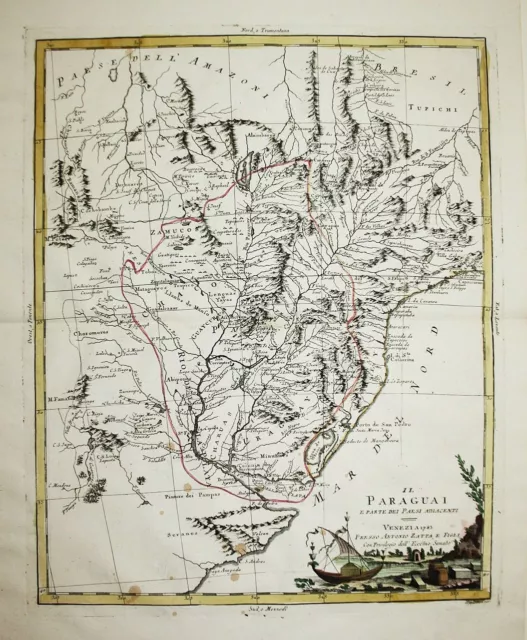 Paraguay Uruguay Brazil South America Zatta Karte map Kupferstich engraving 1785