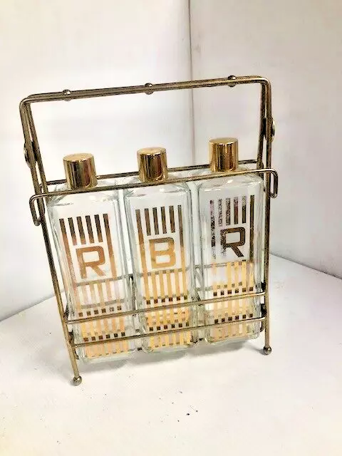 Vintage Whisky Tantalus Decanter metal  Caddy, Three Bottles with RBR initials-