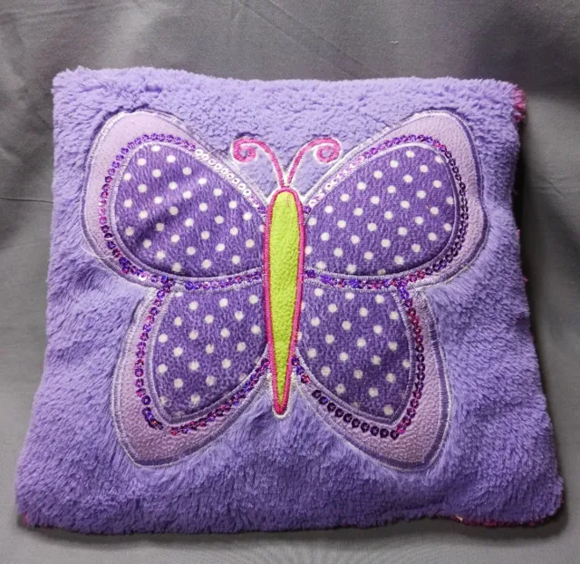 Almohada de cama American Kids mariposa púrpura frontal rosa espalda verde lentejuelas