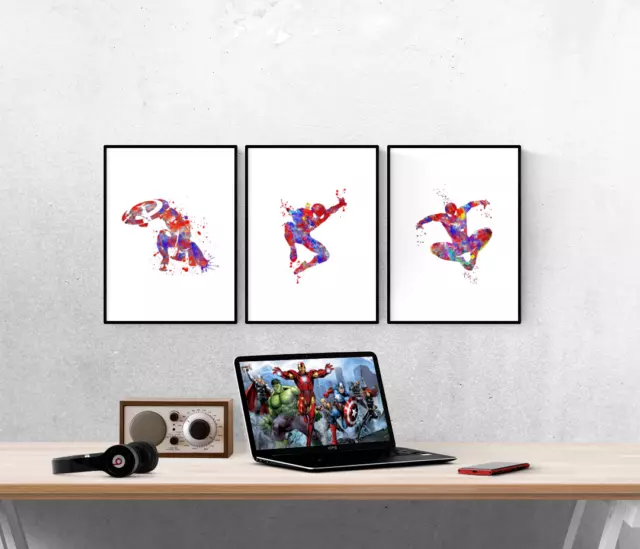 Marvel Spiderman Watercolour Set Of 3 Prints Pictures Wall Art Poster