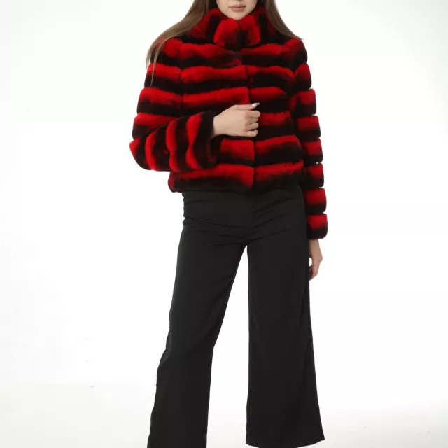 Real Rex Rabbit Fur Coat With Stand Collar Chinchilla Red Stripe Short Crop Top