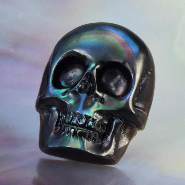 Skull Design Carving Cabochon Black Pen Pinna Shell & Paua Abalone 3.48 g