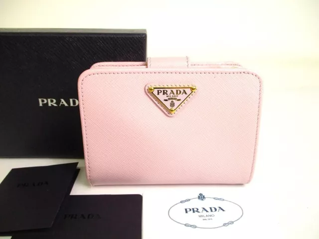 Auth PRADA Saffiano Light Pink Leather Bifold Wallet Compact Wallet #a014