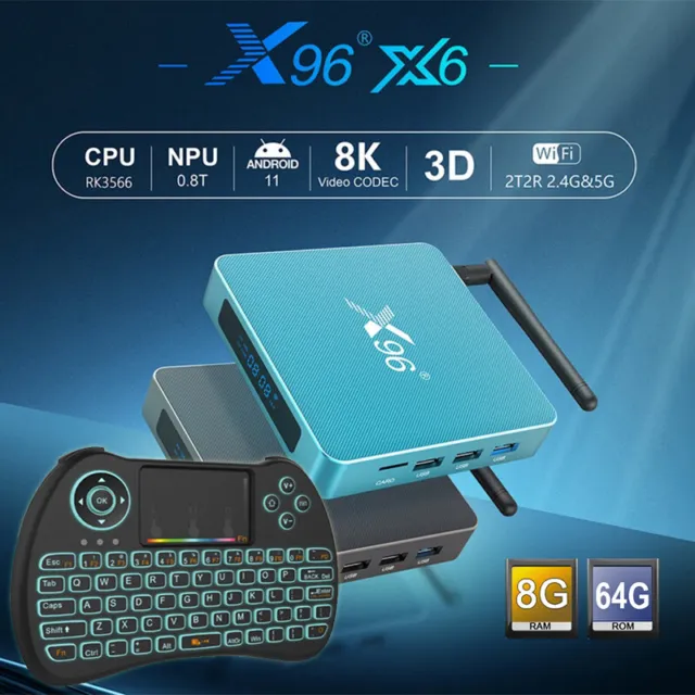 64GB/8GB DDR4 X96-X6 Android BT 64-bit Dual WiFi 5G 8K Streaming Antenna TV Box