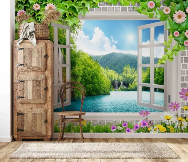 3D Window Forest Lake Floral Landscape Wallpaper Wall Murals Removable Wallpaper 2