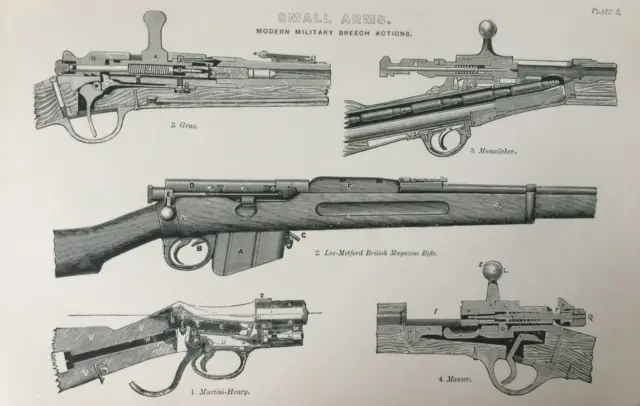 Antique Print C1870's Small Arms Engraving Modern Military Breech Actions Guns