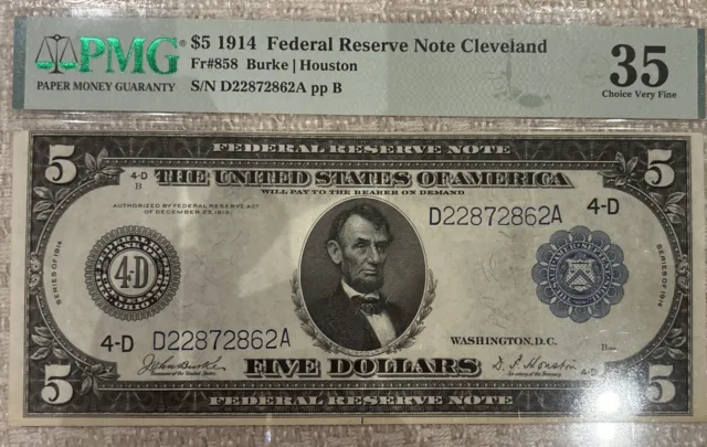 Fr. 858 1914 $5 Frn Federal Reserve Note Cleveland, Oh Pmg Choice Very Fine-35