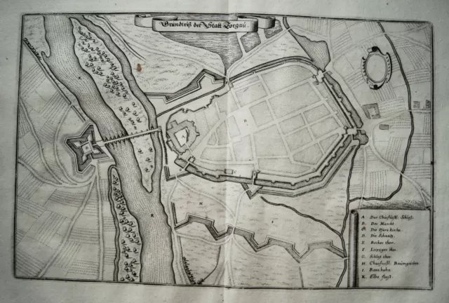 Torgau Grundriß  Sachsen  Merian Kupferstich in der Erstausgabe 1650