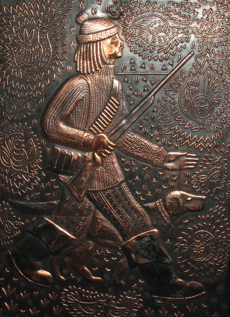 Vintage copper wall hanging plaque hunter and dog