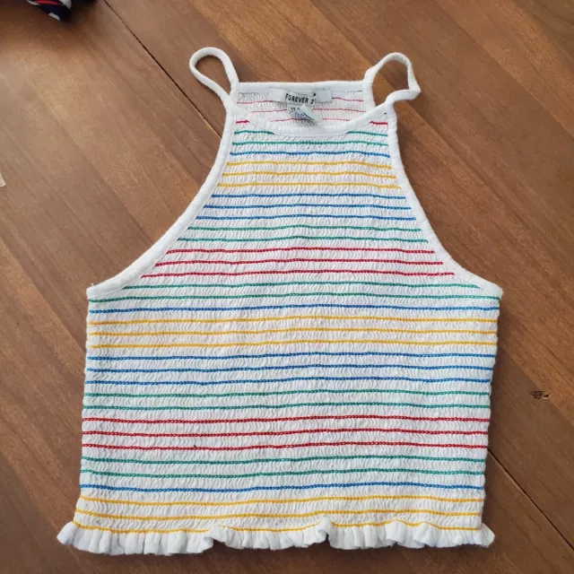 Forever 21 Womens Small Smocked Strechy Cropped Rainbow Colors Top