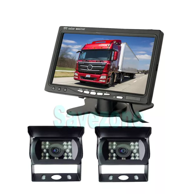 2 x Caméra de recul IR LED CCD Arrière vision nocturne 12V-24V+ 7" Ecran LCD 10m